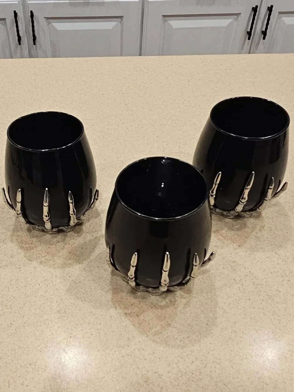 3 SPOOKY METAL SKULL SKELETON HAND BLACK STEMLESS WINE WATER BAR GLASS GOBLET